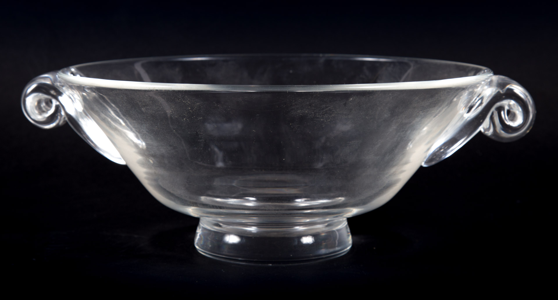 Appraisal: Steuben crystal double-handled bowl with applied scroll handles and etched