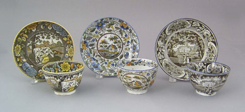 Appraisal: Three Salopian cups and saucers ca decorated with a milkmaid