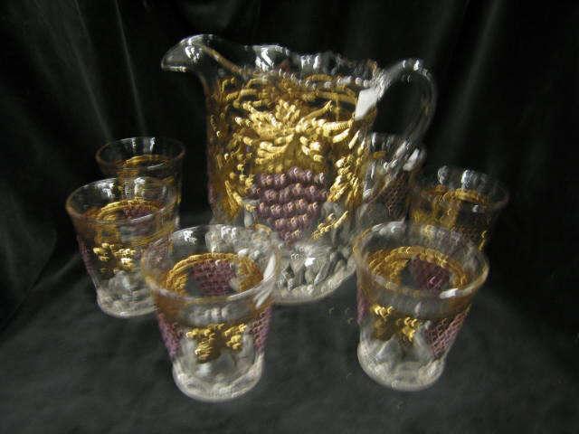 Appraisal: Mosser Glass Pitcher Tumblers Grape Cable pitcher six tumblers signed