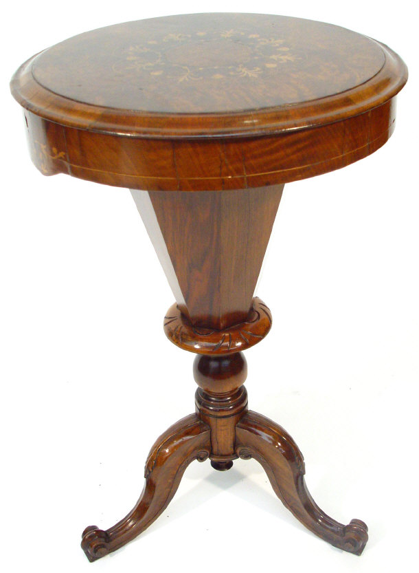 Appraisal: Victorian burr walnut trumpet shaped workbox the inlaid lid opening