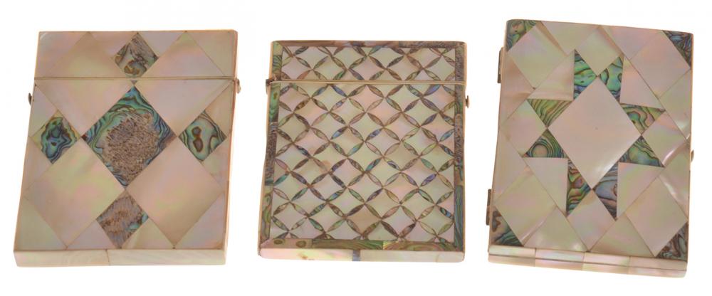 Appraisal: THREE MOTHER OF PEARL AND PAPUA SHELL INLAID CARD CASES