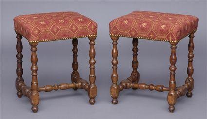 Appraisal: PAIR OF BAROQUE CARVED WALNUT STOOLS Each brass nail-headed upholstered