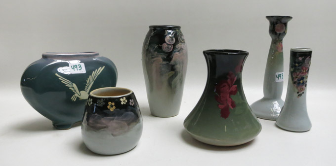 Appraisal: SIX PIECES OF ART POTTERY three signed Weller vases from