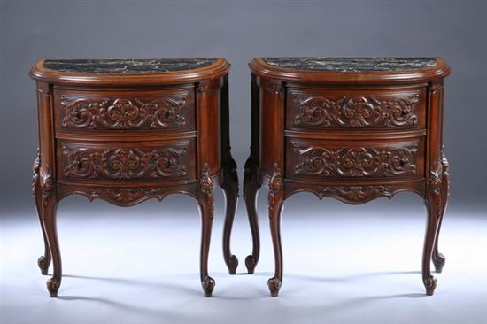 Appraisal: PAIR ROCOCO STYLE MARBLE-TOP DEMI-LUNE NIGHT STANDS th century mottled