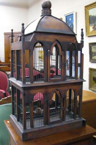 Appraisal: Antique Style Bird Cage '' tall two levels pressed tin