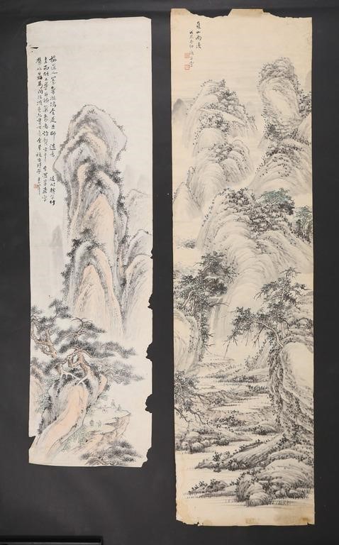 Appraisal: Chinese landscape scrolls ink on paper Each with verse upper