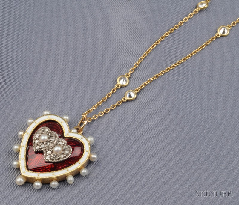 Appraisal: Antique kt Gold Enamel and Gem-set Heart Pendant Necklace the