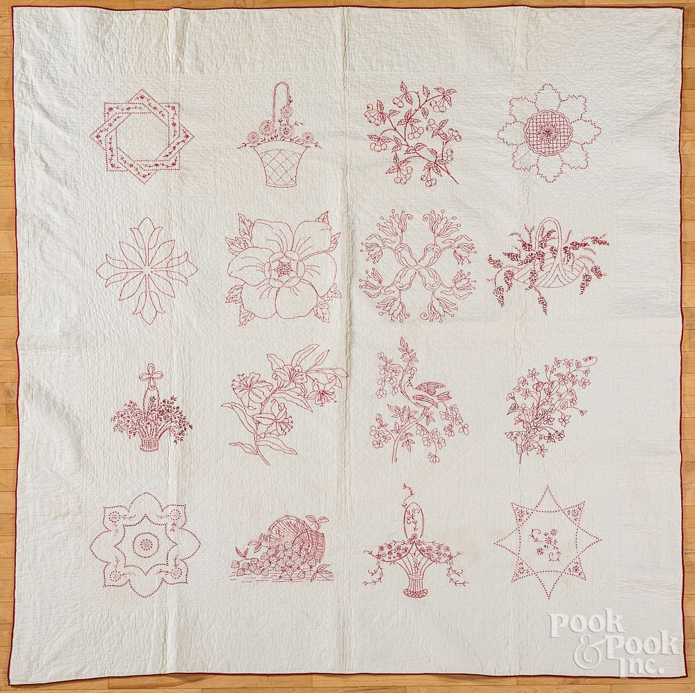 Appraisal: Red and white embroidered quilt Red and white embroidered quilt