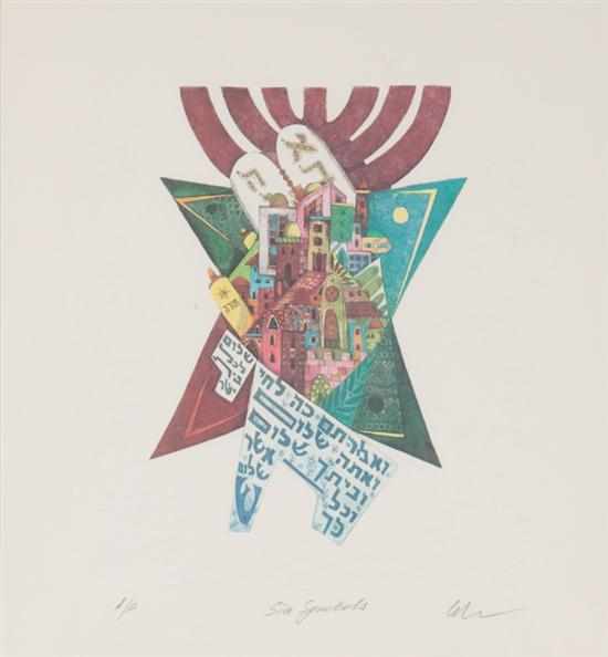 Appraisal: Amram Ebgi American Israeli b 'Six Symbols' embossed color lithograph