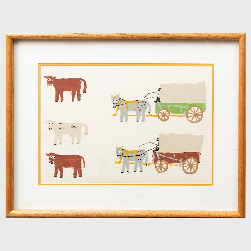 Appraisal: th Century School Covered Wagon and Cattle Acrylic on paper