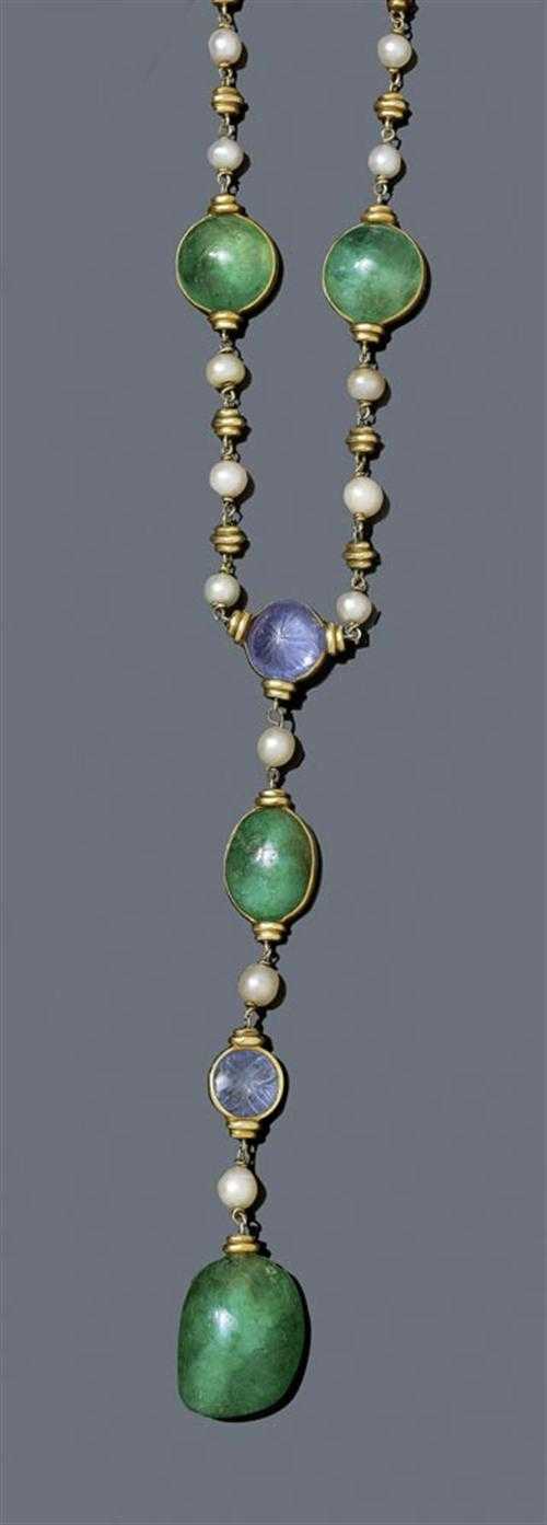 Appraisal: PEARL EMERALD AND SAPPHIRE SAUTOIR ca Yellow gold Decorative Y