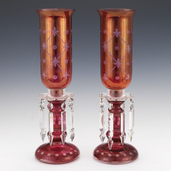 Appraisal: PAIR OF CRANBERRY GLASS HURRICANE CANDLESTICK HOLDERS x each Hand