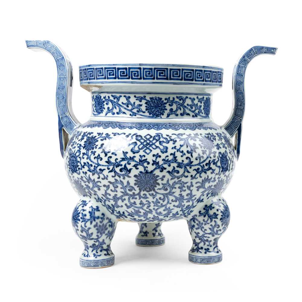 Appraisal: LARGE BLUE AND WHITE 'LOTUS AND BUDDHIST EMBLEMS' TRIPOD CENSER