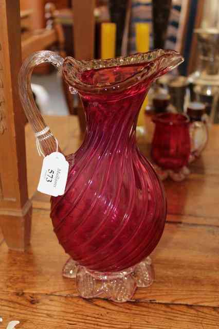 Appraisal: A LATE VICTORIAN CRANBERRY GLASS JUG of spiral baluster form