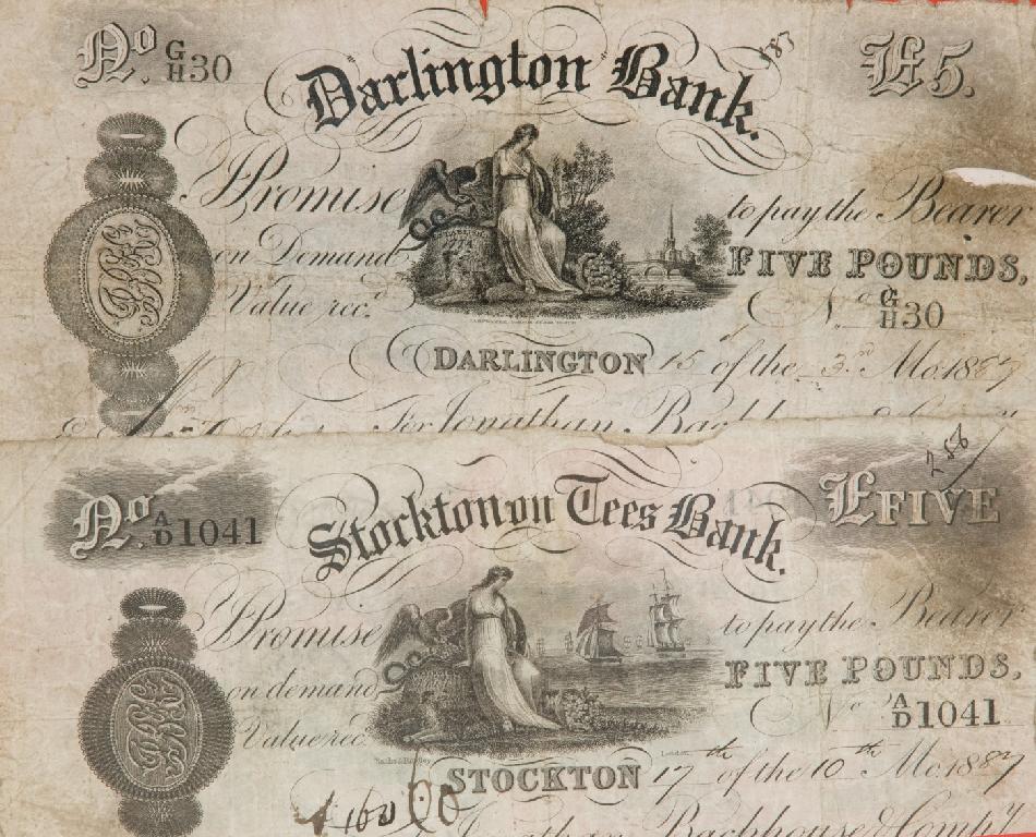 Appraisal: TWO th CENTURY WHITE FIVE POUND BANK NOTES DARLINGTON BANK