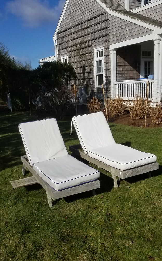 Appraisal: Two Outdoor Teak Chaise Lounges with Cushions Two Outdoor Teak