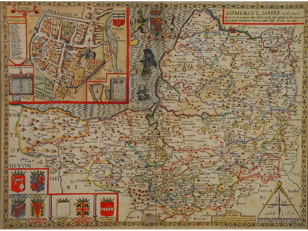 Appraisal: JOHN SPEED ENGRAVED COUNTY MAP OF SOMERSETSHIRE with early colouring