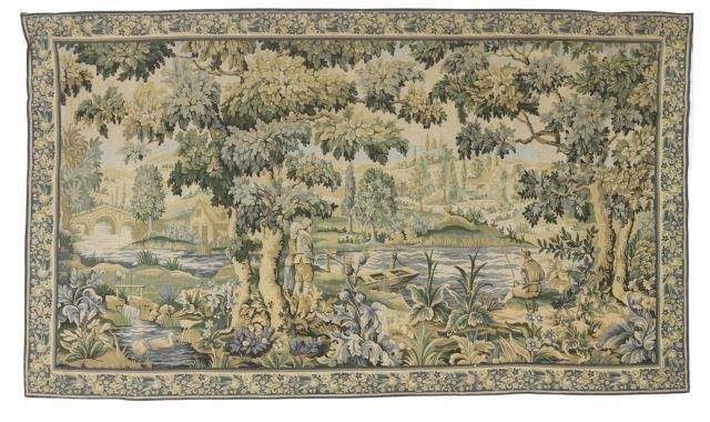 Appraisal: French machine-woven verdure tapestry landscape with figures by a lake