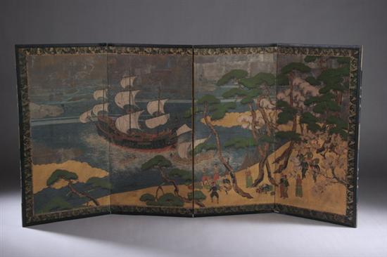 Appraisal: JAPANESE NAMBAM FOUR-FOLD SCREEN Edo period - Each in x