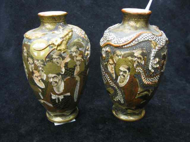 Appraisal: Pair of Japanese Satsuma Pottery Vases men dragon eighteen faces