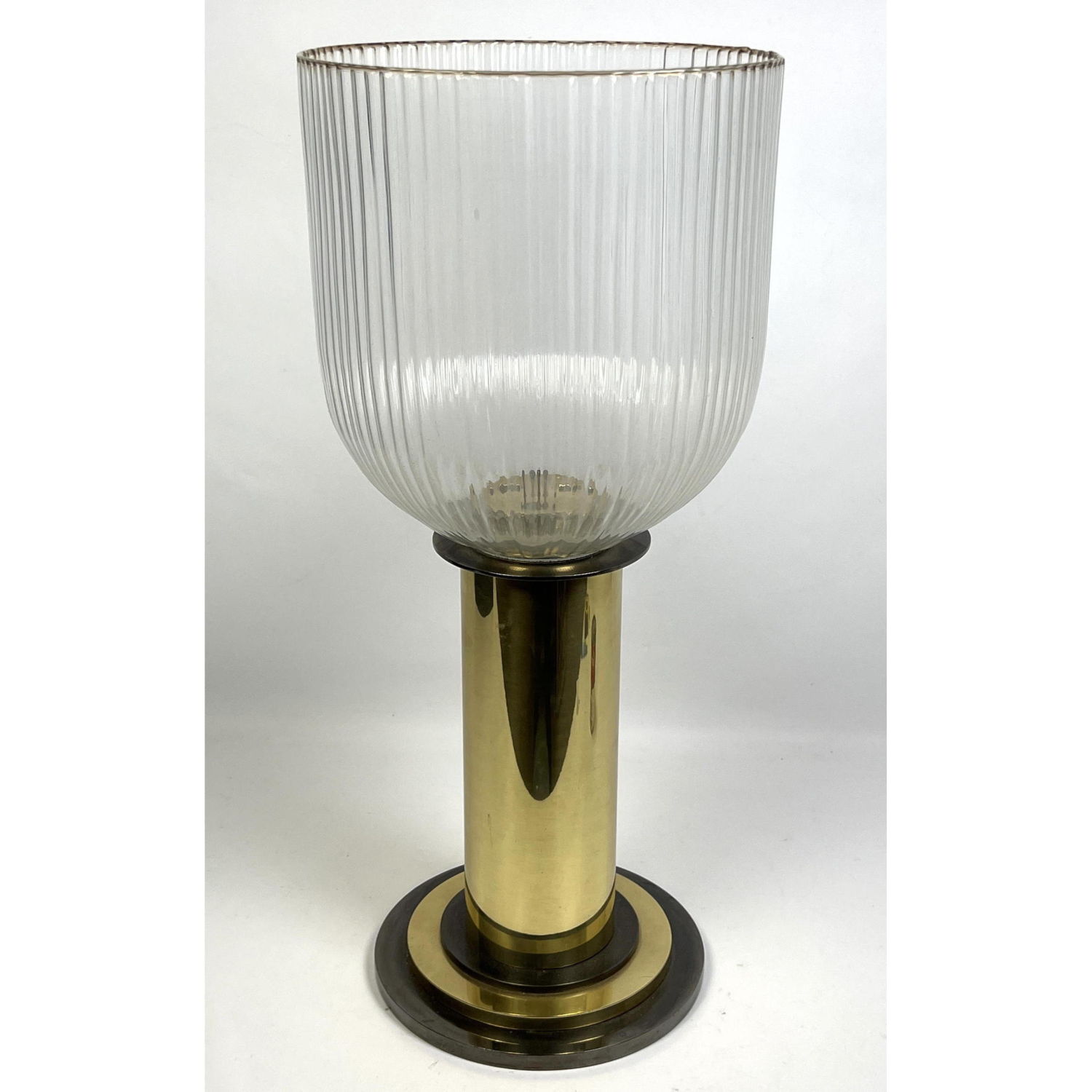 Appraisal: Large Brass and Glass three Candle Stand Ribbed glass Dimensions