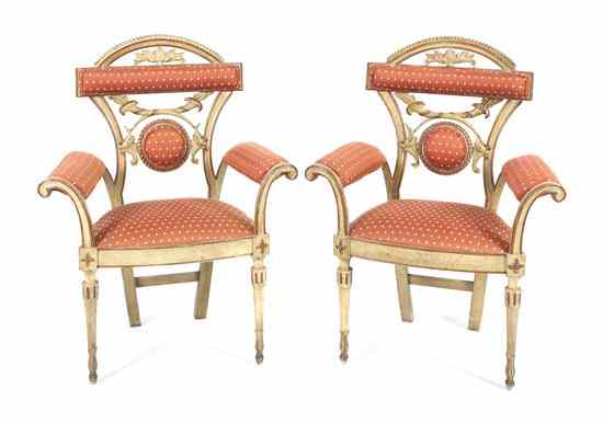 Appraisal: A Pair of Neoclassical Painted Armchairs having an arched beaded