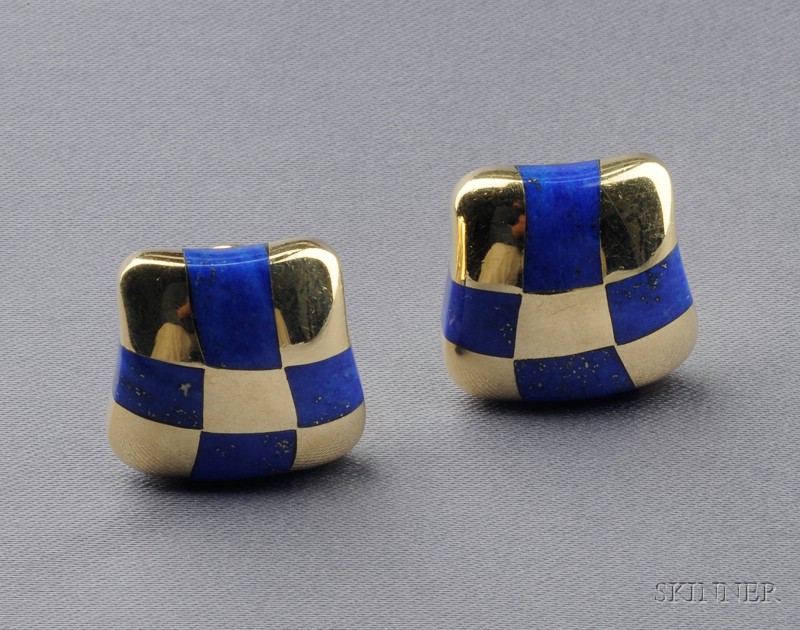 Appraisal: kt Gold and Lapis Earclips Angela Cummings each cushion shape