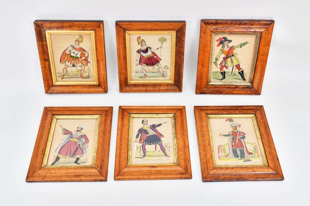 Appraisal: SIX VICTORIAN TINSEL MOUNTED HAND COLORED THEATRICAL ETCHINGSMid th Century