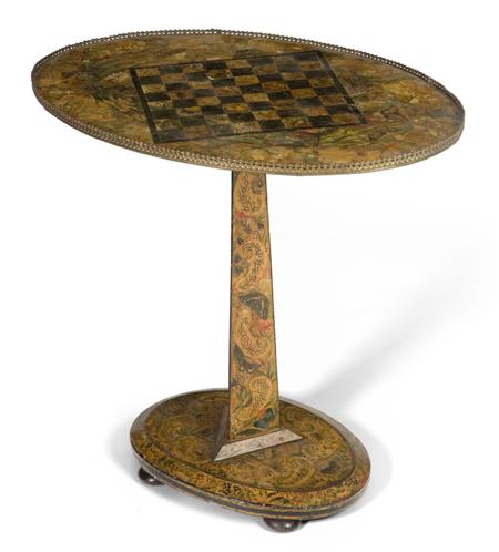 Appraisal: REGENCY DECOUPAGE GAMES TABLE CIRCA the galleried oval top decorated