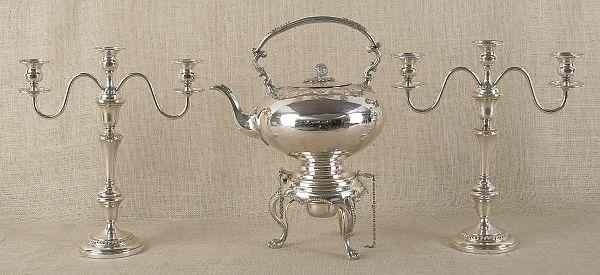 Appraisal: Pair of silver plated candelabra together with a plated kettle