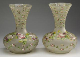 Appraisal: Enamel decorated glass vases h Pair of frosted flaring trumpet