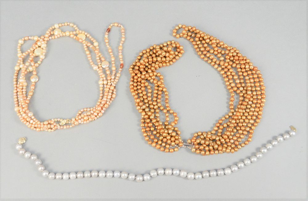 Appraisal: Three Pearl Necklaces including one light grey with gold clasp