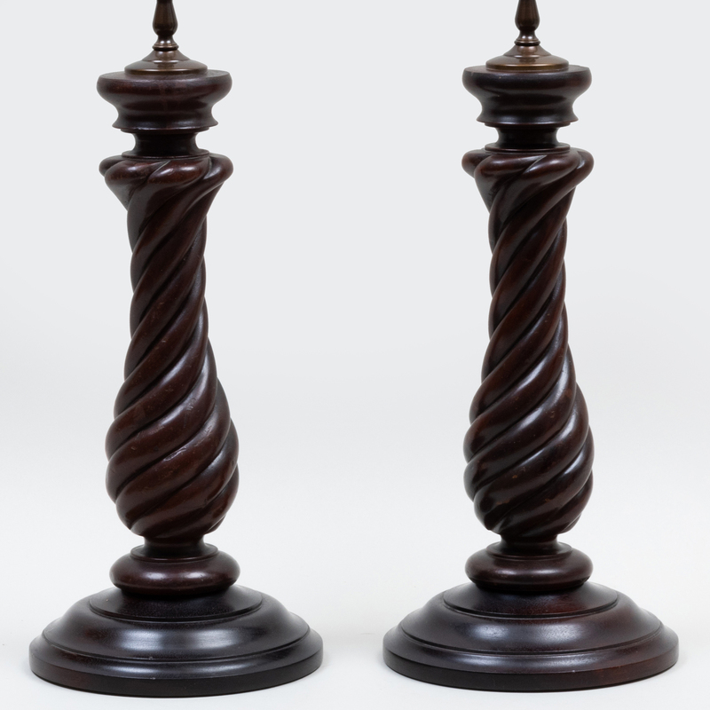 Appraisal: PAIR OF CARVED SPIRAL TWIST WOOD LAMPS x in diam