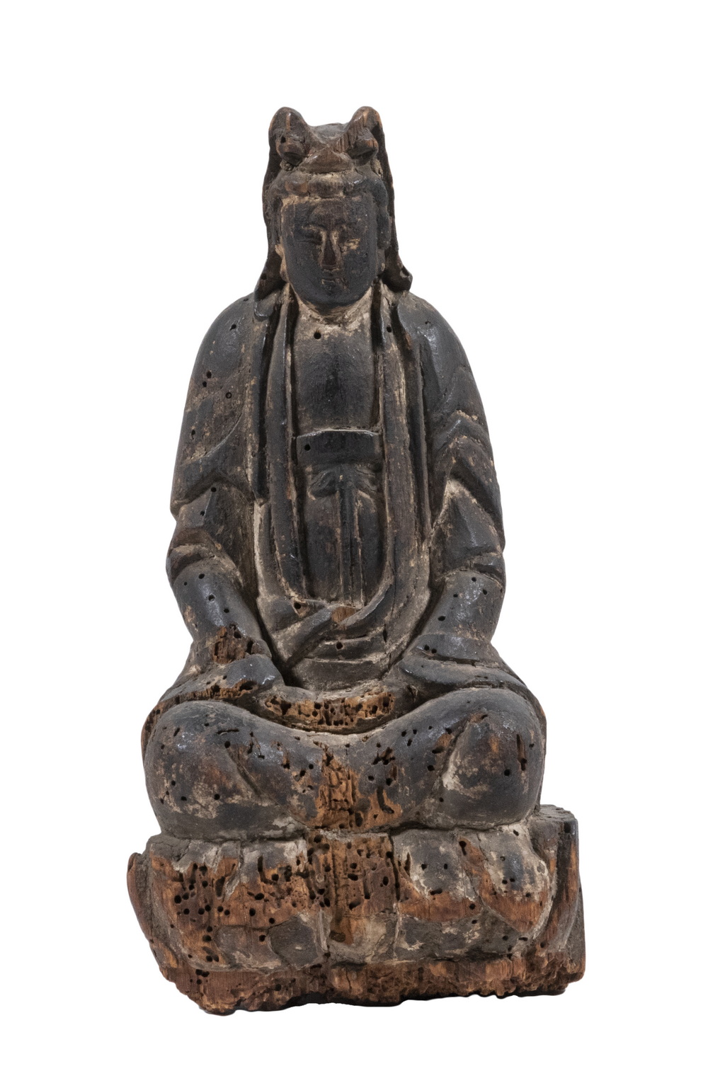 Appraisal: CHINESE MING WOOD FIGURE Enthroned Bodhisattva tall Wormage losses at