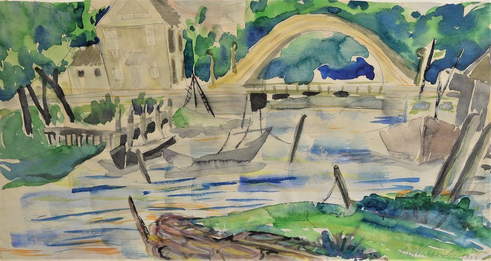 Appraisal: Abraham Walkowitz American Russian - Boat Docks in Maine watercolor