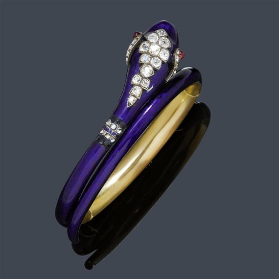 Appraisal: ENAMEL DIAMOND AND GOLD BANGLE ca Yellow gold Very decorative