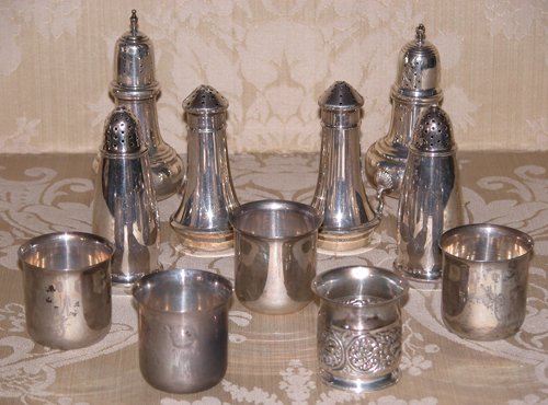 Appraisal: Title Salt Pepper Sets each different Kiddush cups Medium sterling