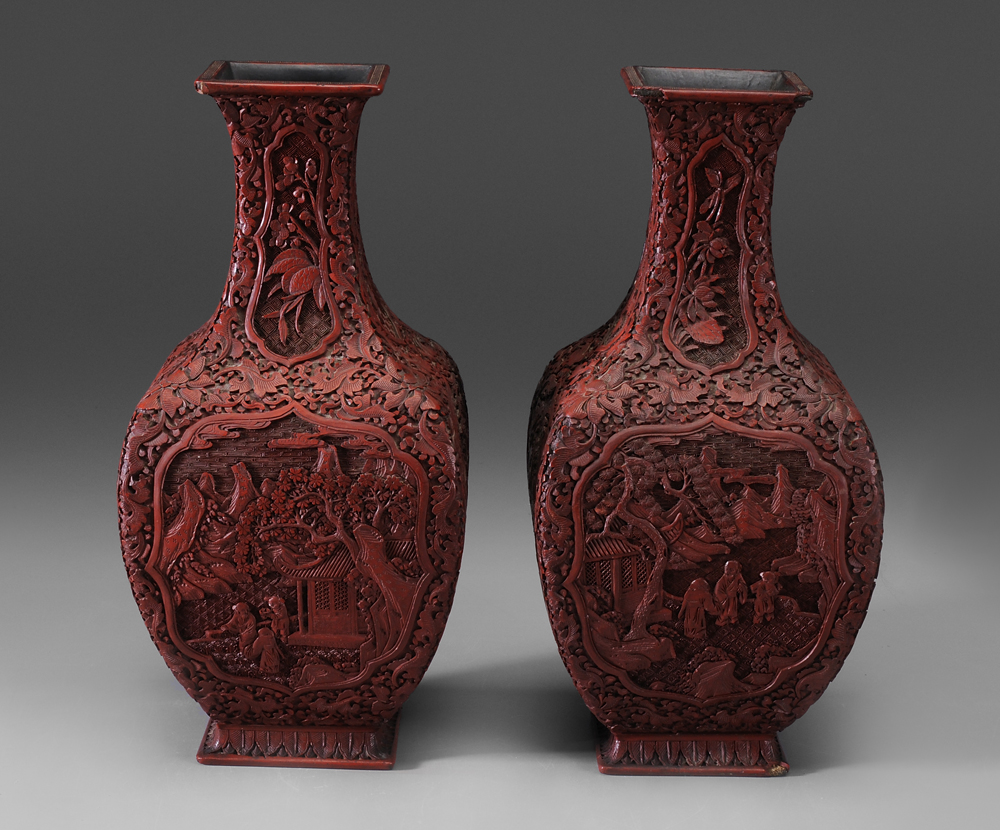 Appraisal: Pair Cinnabar Vases Chinese Qing dynasty square sides with gentleman