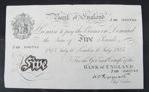 Appraisal: White Bank of England note Peppiatt No J