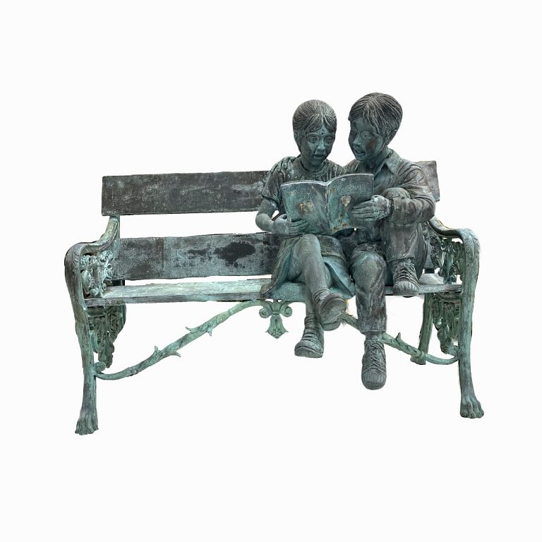 Appraisal: Bronze Garden Sculpture of Two Children Reading Bronze Garden Sculpture