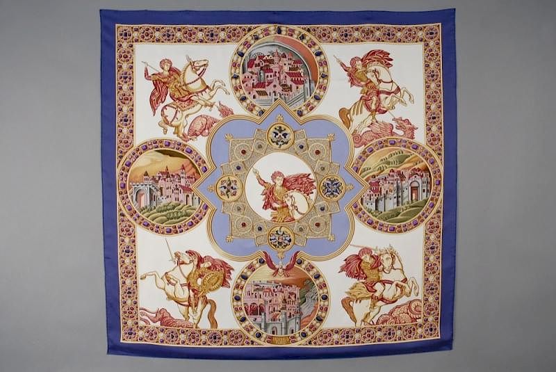 Appraisal: HERMES LE TRIOMPHE du PALADIN PRINTED SILK SCARF ISSUED Depicting