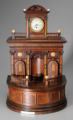 Appraisal: Mechanical clock case architectural format walnut with burlwood panels balustered