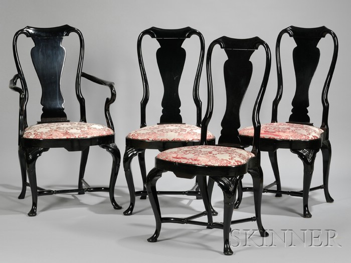 Appraisal: Set of Eight Queen Anne Style Black Lacquered Dining Chairs