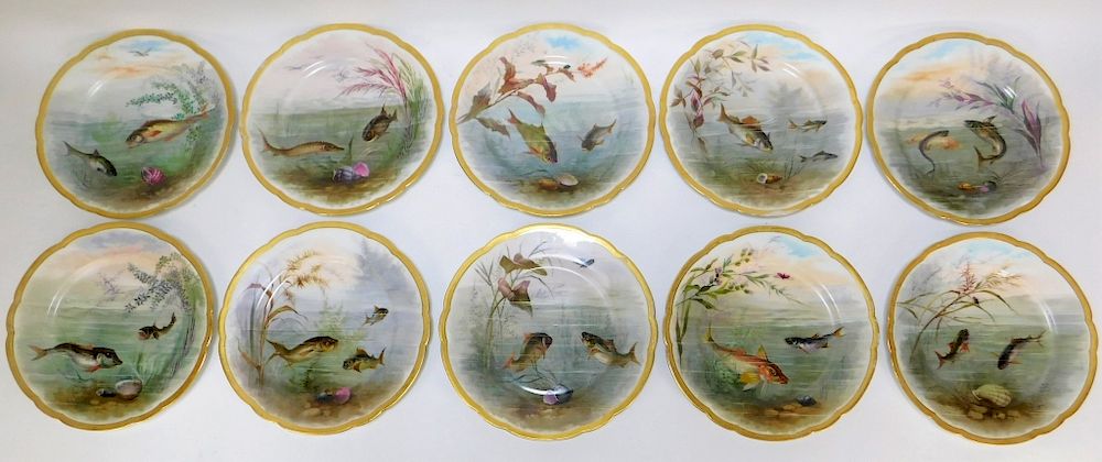 Appraisal: French Mansard Porcelain Underwater Fish Plates France Early th Century