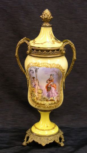 Appraisal: French Gilt-Brass-Mounted Fond Jonquille Porcelain Covered Two-Handled Garniture Vase first