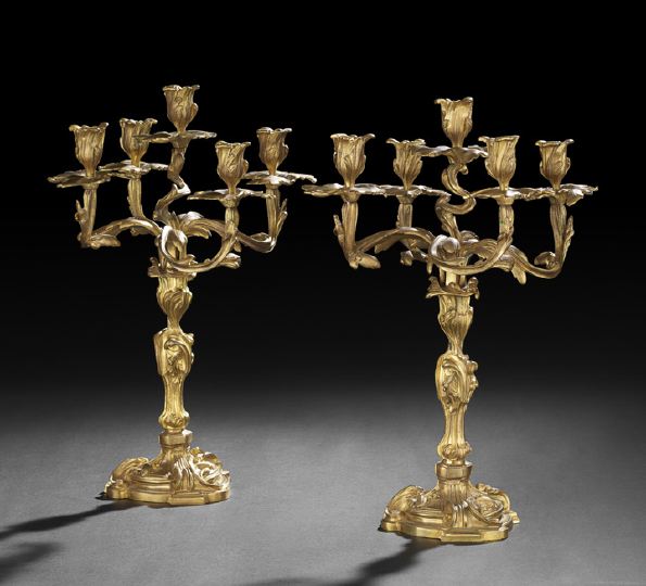 Appraisal: Pair of French Gilt-Bronze Five-Light Candelabra fourth quarter th century