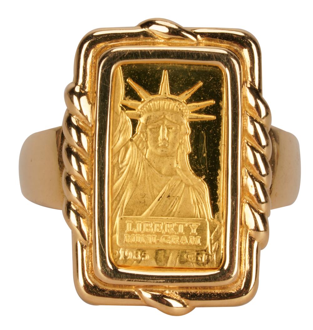 Appraisal: KARAT YELLOW GOLD SUISSE INGOT RINGcontaining one gram Credit Suisse