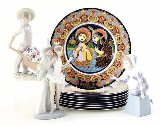 Appraisal: Lladro figures and Bjorn Wiinblad plates Lladro harlequin H ''