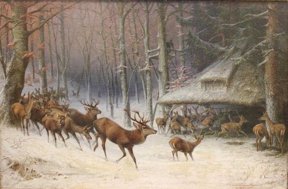 Appraisal: LUDWIG BECKMANN GERMAN - ELK HERD Oil on canvas x