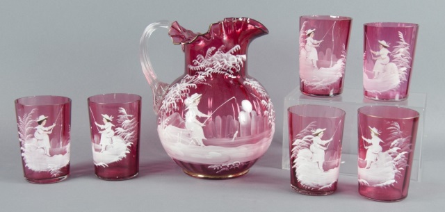 Appraisal: Mary Gregory Cranberry Lemonade SetIncluding pitcher and six inverted paneled